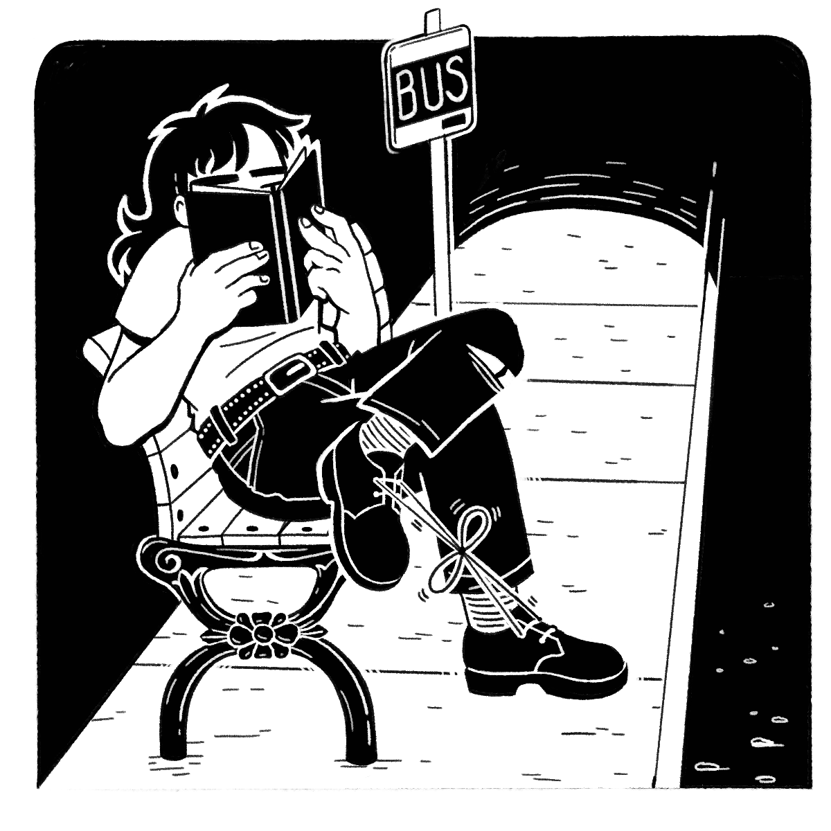 A black and white drawing of a person sitting on a bench at a bus stop. They are holding a book in front of their face and their shoelaces are tied together.